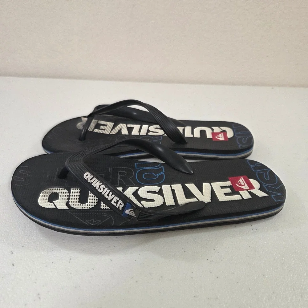 Quiksilver Mens Black Graphic Logo‎ Flip Flops Thong Sandals Size 6/7